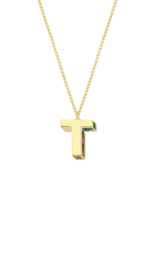 Mini 3D T Letter Necklace With Rainbow Sapphires