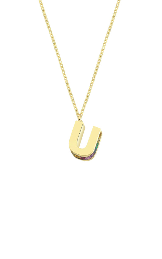 Mini 3D U Letter Necklace With Rainbow Sapphires