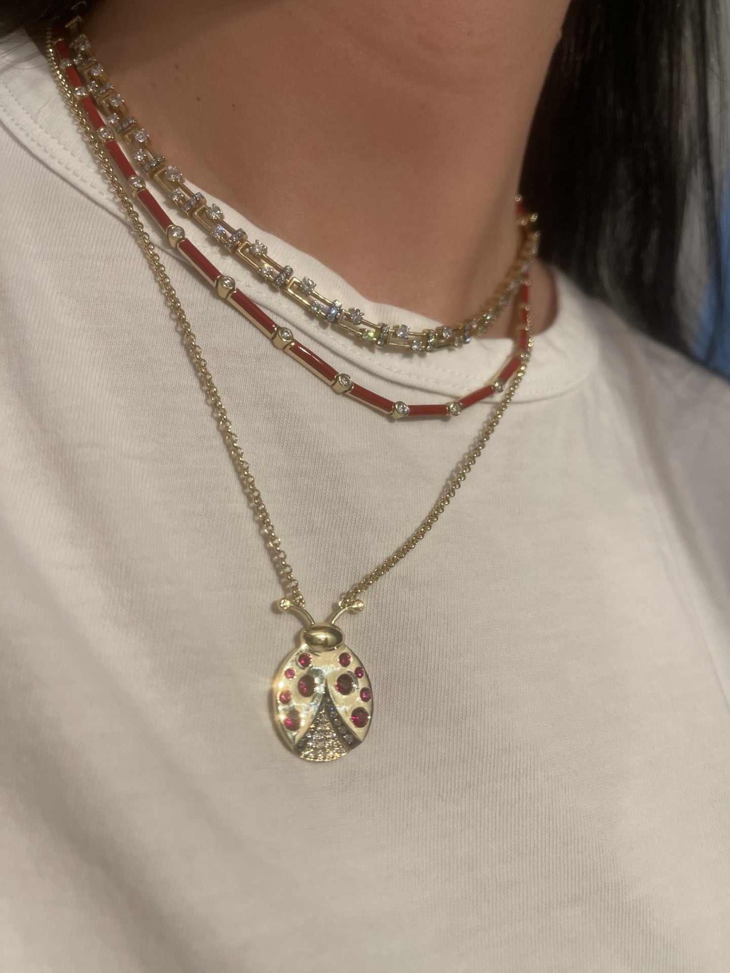 3D Diamond And Ruby Lady Bug Necklace
