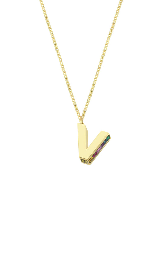 Mini 3D V Letter Necklace With Rainbow Sapphires