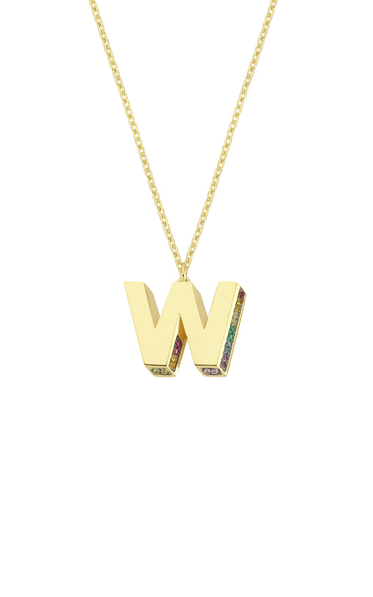 Mini 3D W Letter Necklace With Rainbow Sapphires