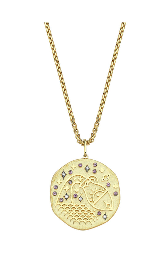 Aquarius Illustration Zodiac Necklace with Ruby Birthstone, Diamonds & Box Chain