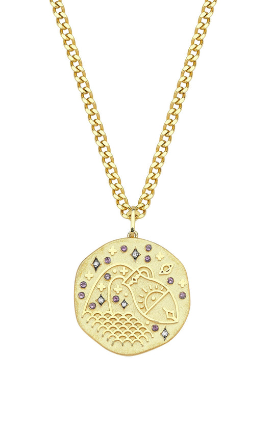 Aquarius Illustration Zodiac Necklace with Ruby Birthstone, Diamonds & Curb Chain