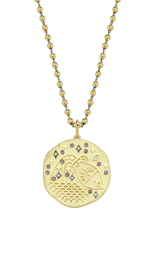 Aquarius Illustration Zodiac Necklace with Ruby Birthstone, Diamonds & Ball Chain