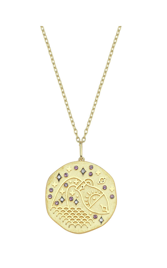 Aquarius Illustration Zodiac Necklace with Amethyst Birthstone, Diamonds & Standart Chain