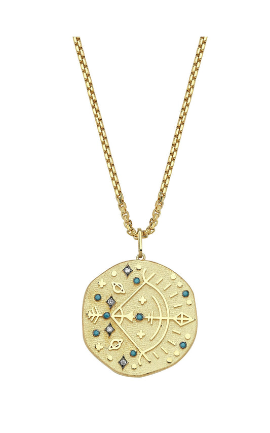 Sagittarius Illustration Zodiac Necklace with Turquoise Birthstone, Diamonds & Box Chain