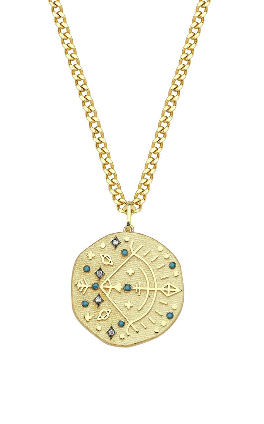 Sagittarius Illustration Zodiac Necklace with Topaz Birthstone, Diamonds & Curb Chain