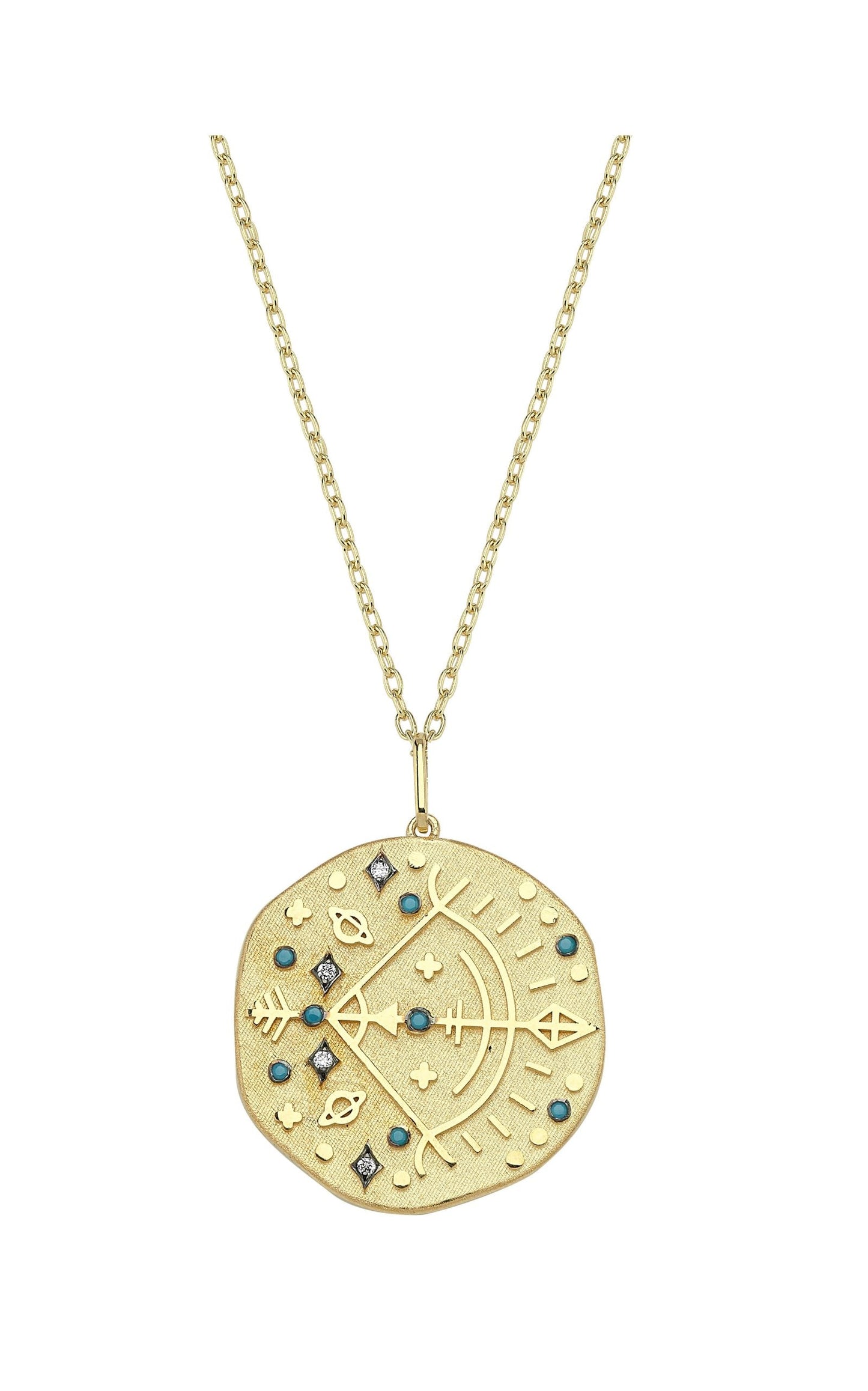 Sagittarius Illustration Zodiac Necklace with Turquoise Birthstone, Diamonds & Standart Chain