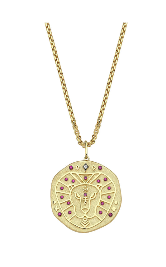 Leo Illustration Zodiac Necklace with Ruby Birthstone, Diamonds & Box Chain