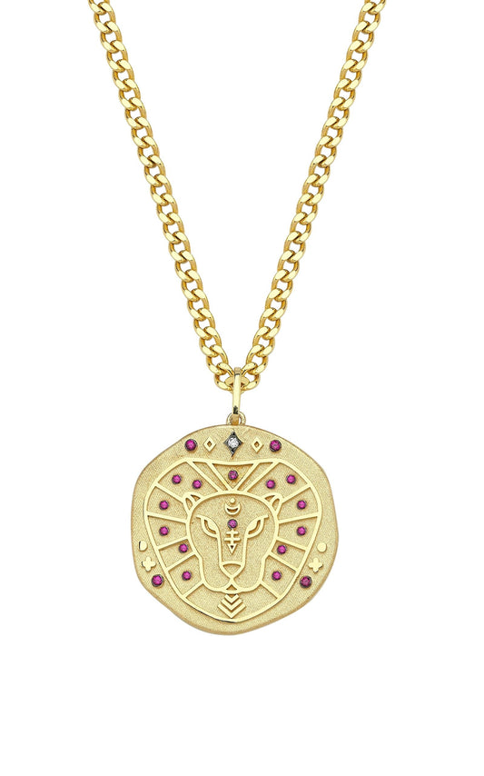 Leo Illustration Zodiac Necklace with Ruby Birthstone, Diamonds & Curb Chain