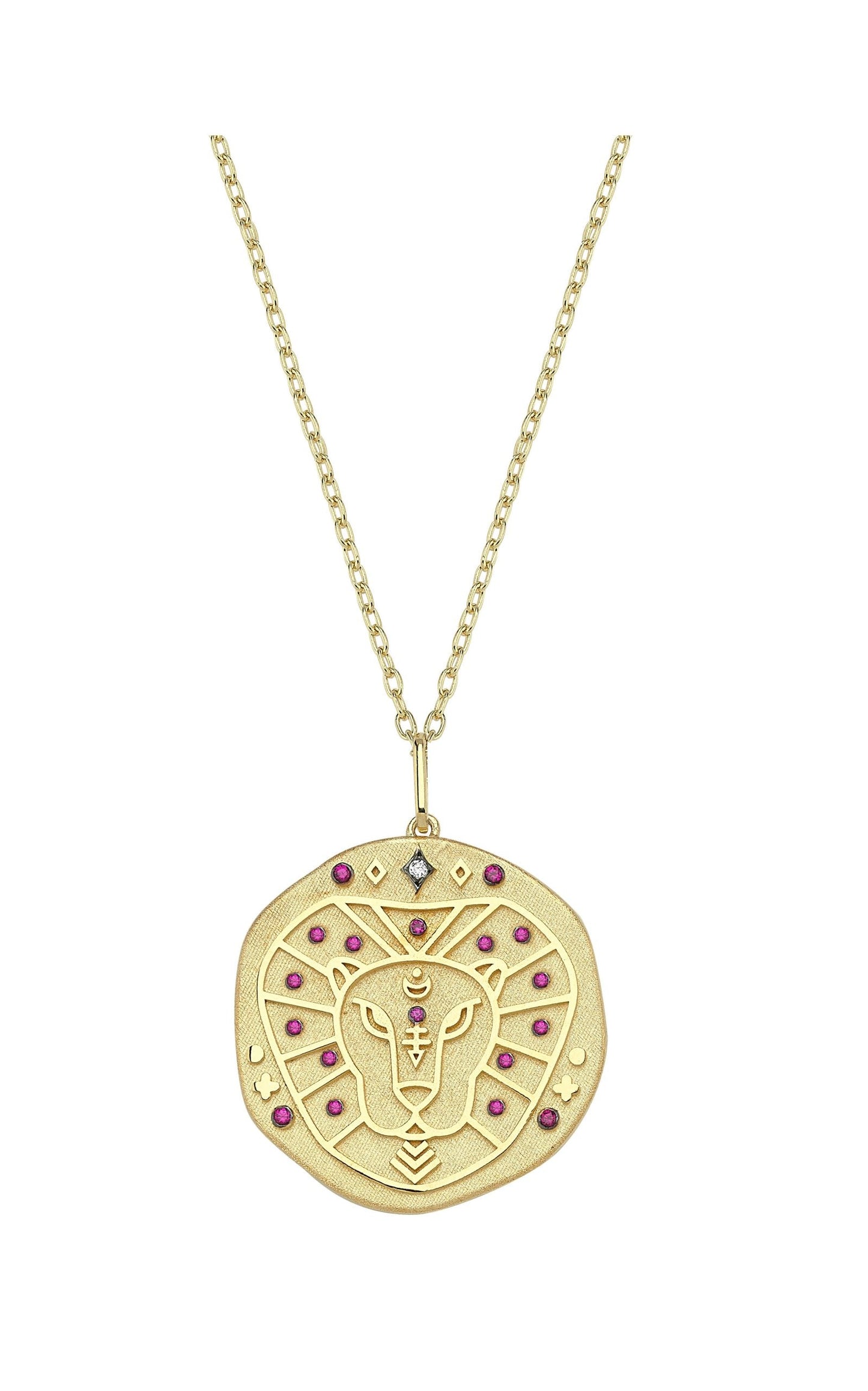 Leo Illustration Zodiac Necklace with Ruby Birthstone, Diamonds & Standart Chain