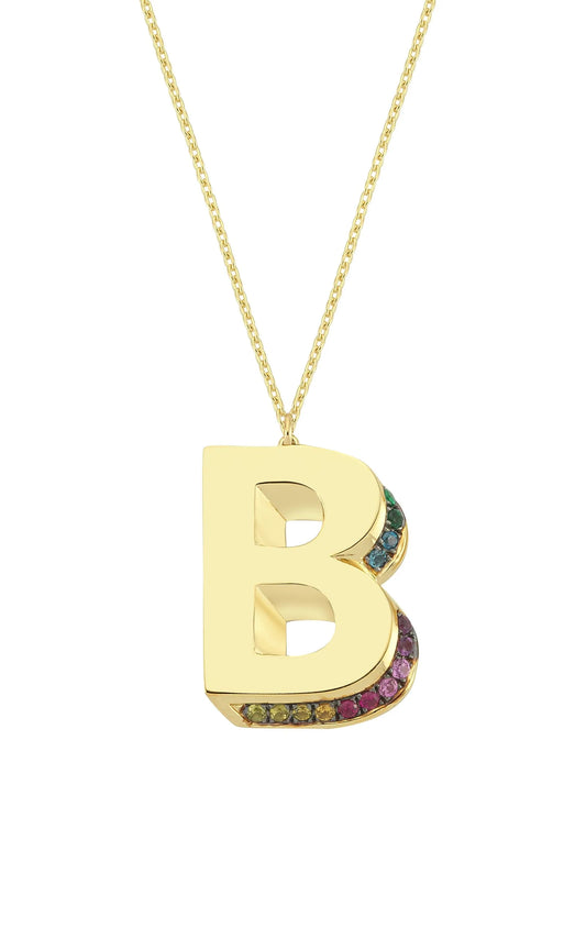3D B Letter Necklace with Rainbow Sapphires