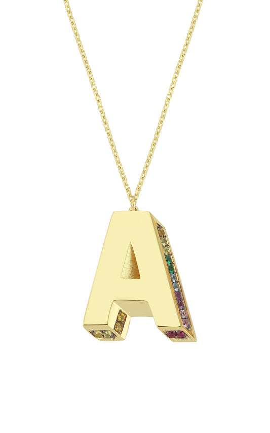 3D A Letter Necklace with Rainbow Sapphires