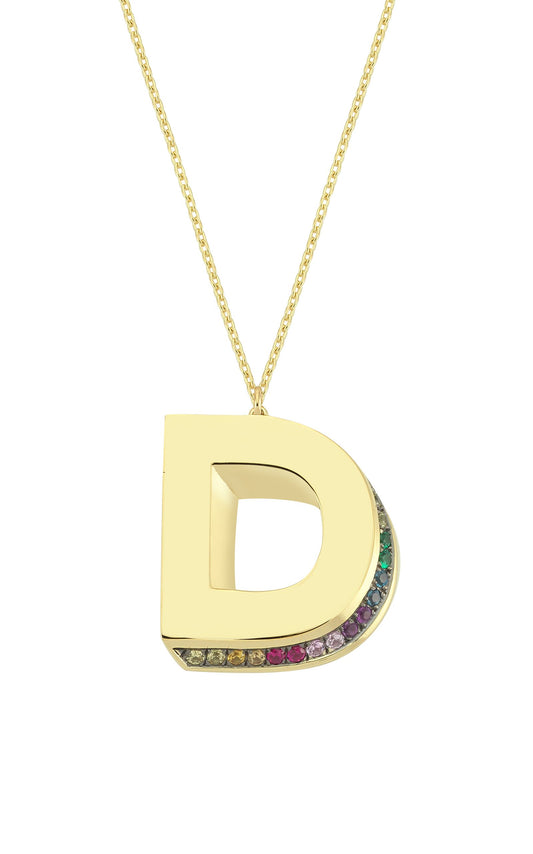 3D D Letter Necklace with Rainbow Sapphires