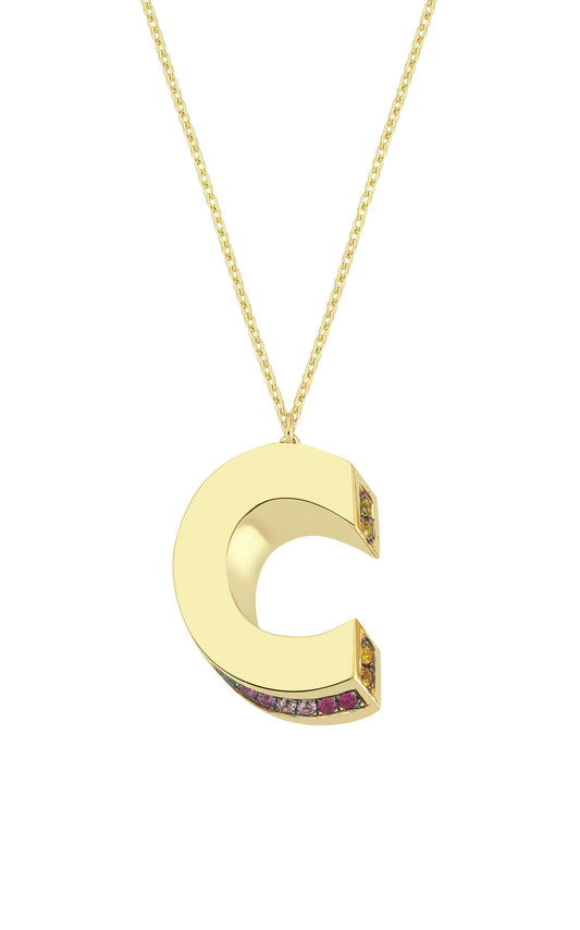 3D C Letter Necklace with Rainbow Sapphires