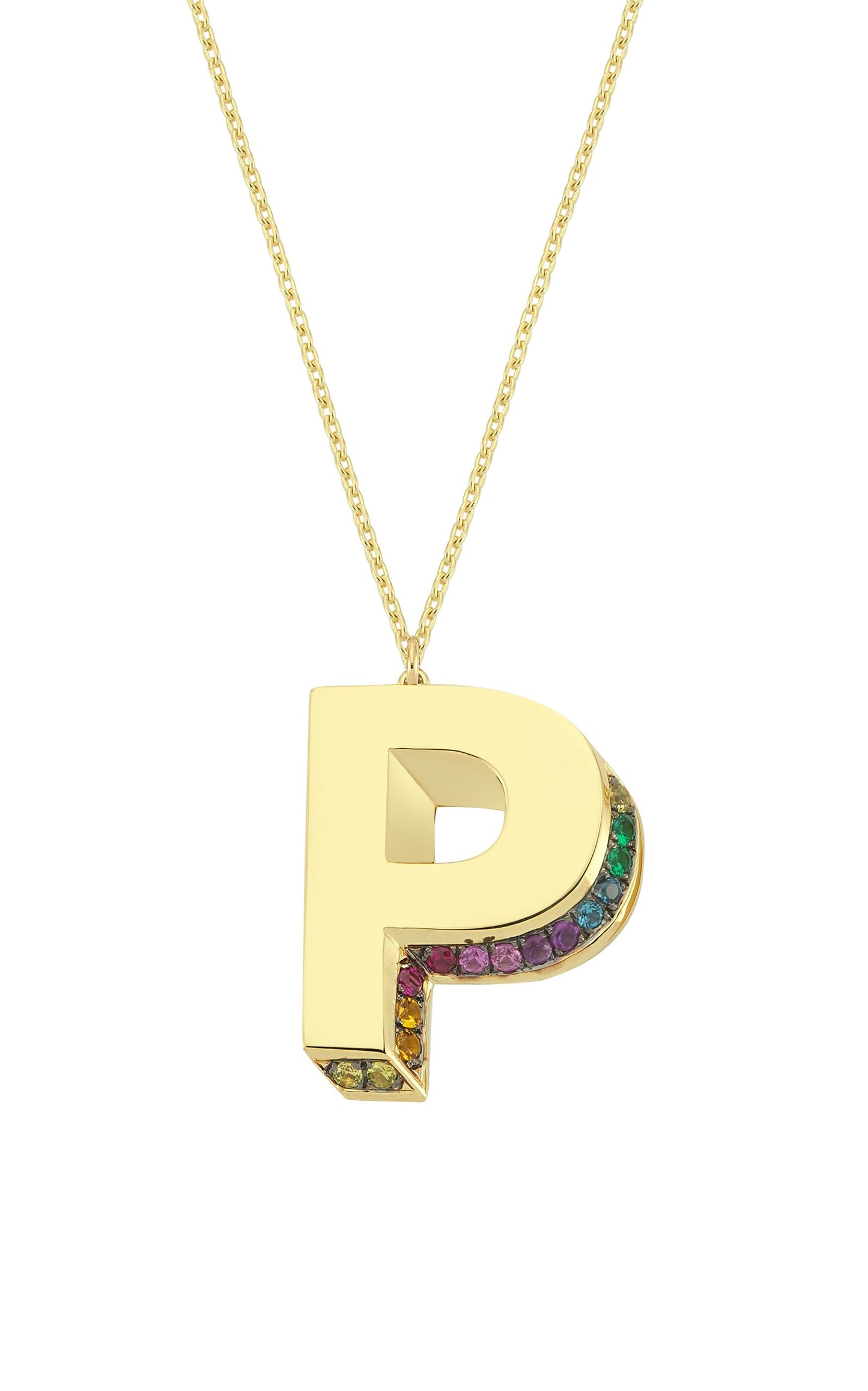 3D P Letter Necklace with Rainbow Sapphires