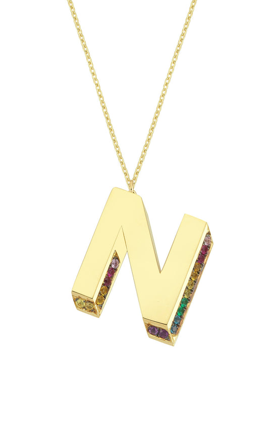 3D N Letter Necklace with Rainbow Sapphires