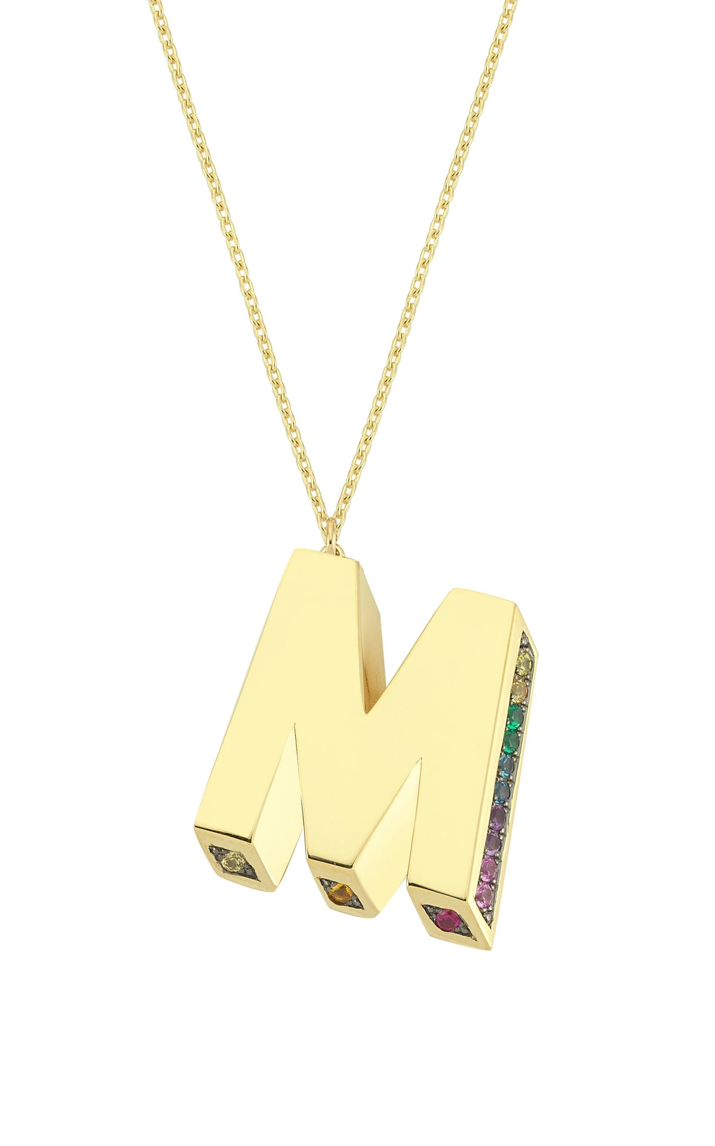 3D M Letter Necklace with Rainbow Sapphires