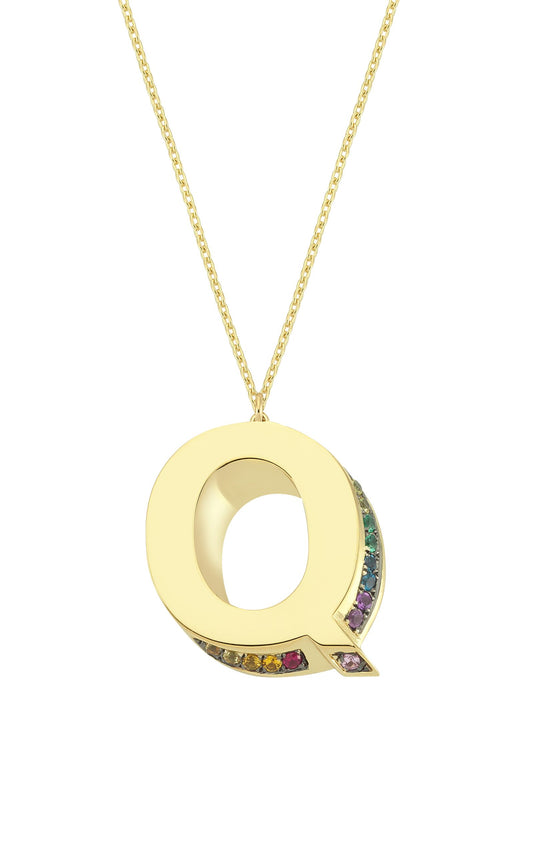 3D Q Letter Necklace with Rainbow Sapphires
