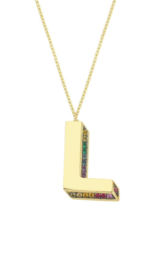 3D L Letter Necklace with Rainbow Sapphires