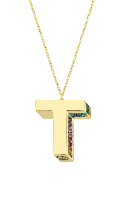 3D T Letter Necklace with Rainbow Sapphires