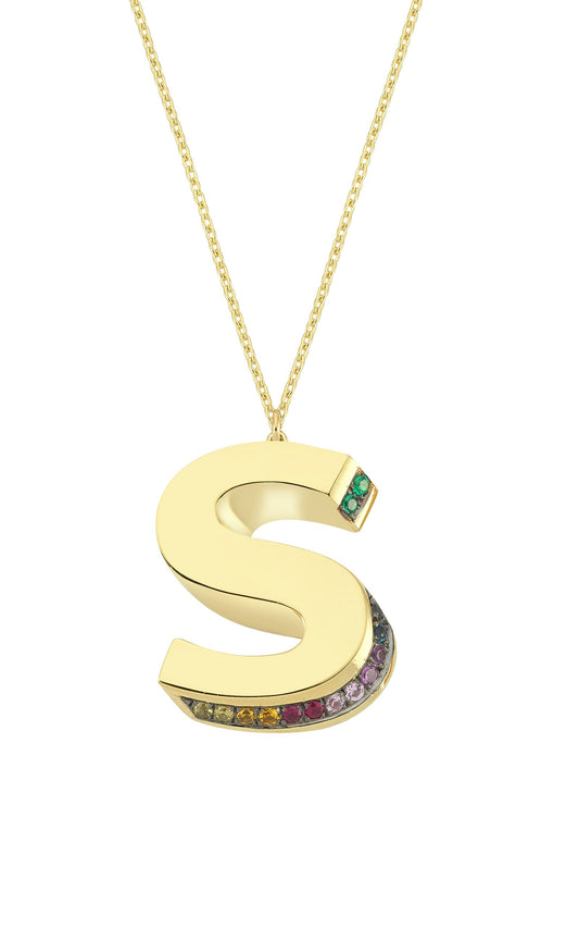 3D S Letter Necklace with Rainbow Sapphires