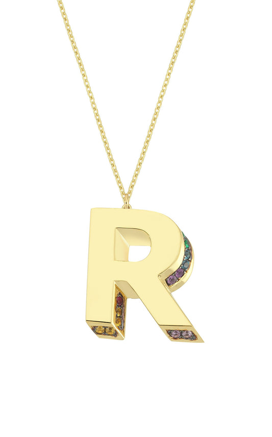 3D R Letter Necklace with Rainbow Sapphires