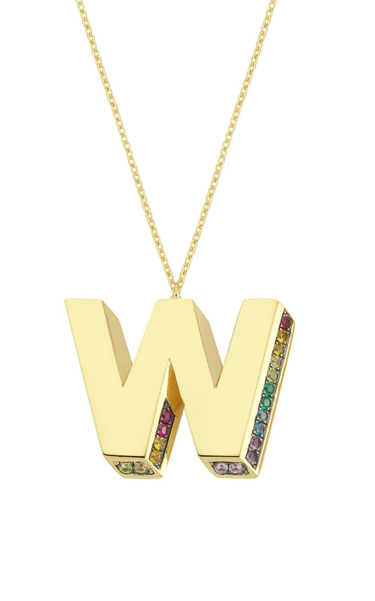 3D W Letter Necklace with Rainbow Sapphires