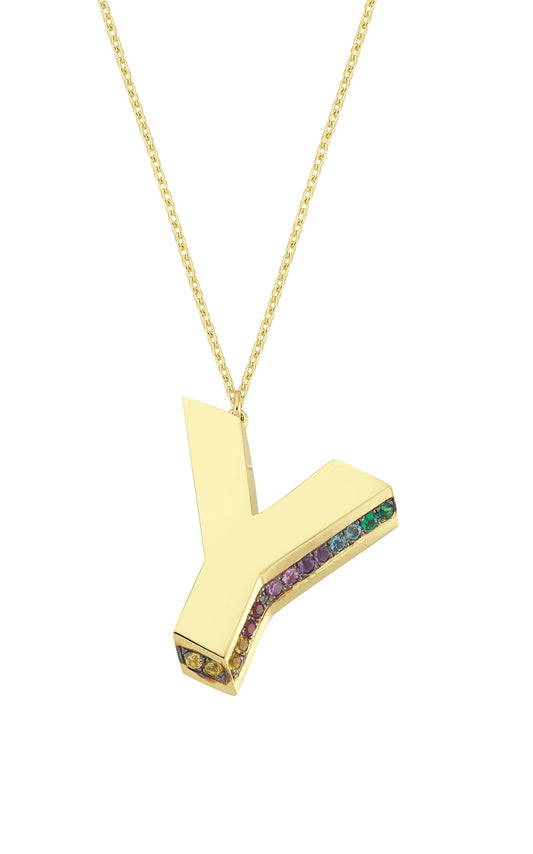 3D Y Letter Necklace with Rainbow Sapphires