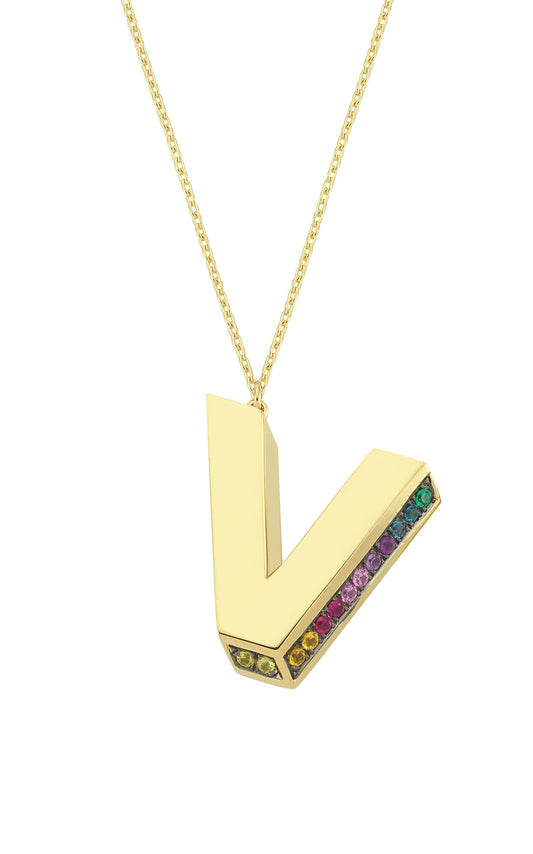 3D V Letter Necklace with Rainbow Sapphires