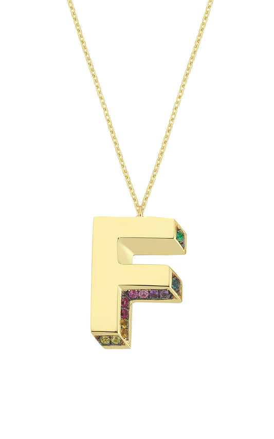 3D F Letter Necklace with Rainbow Sapphires