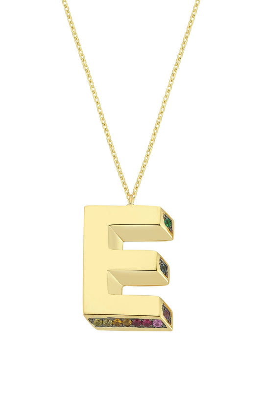 3D E Letter Necklace with Rainbow Sapphires