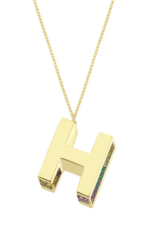 3D H Letter Necklace with Rainbow Sapphires