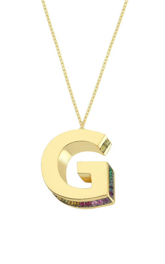 3D G Letter Necklace with Rainbow Sapphires