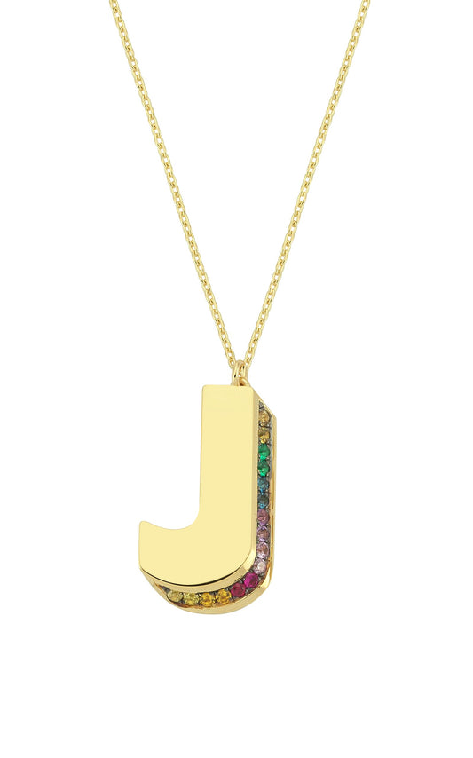 3D J Letter Necklace with Rainbow Sapphires