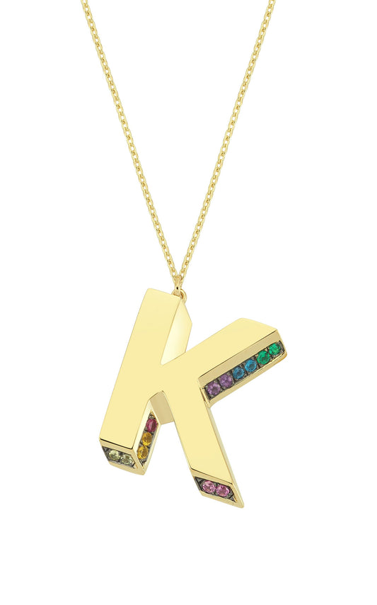 3D K Letter Necklace with Rainbow Sapphires
