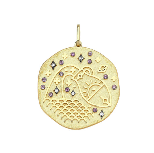 Aquarius Auspicious Stone Amethyst and Diamond Locket Pendant