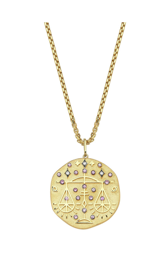 Libra Illustration Zodiac Necklace with Rose Quartz Birthstone, Diamonds & Box Chain