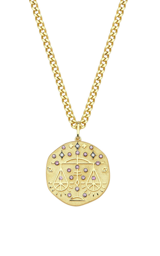 Libra Illustration Zodiac Necklace with Rose Quartz Birthstone, Diamonds & Curb Chain