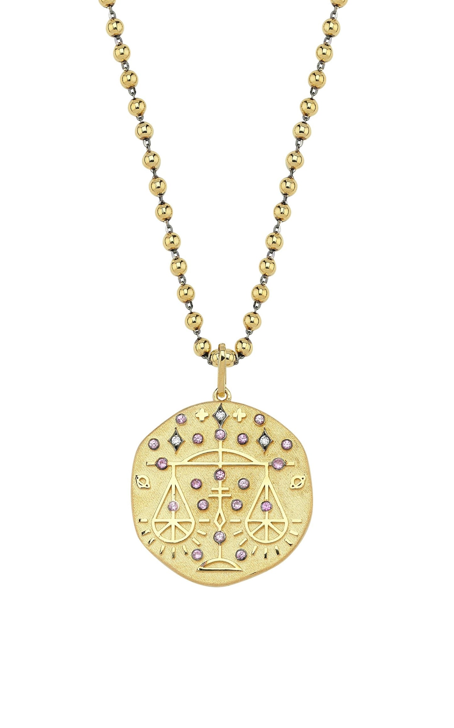 Libra Illustration Zodiac Necklace with Rose Quartz Birthstone, Diamonds & Ball Chain