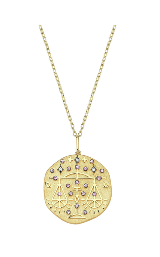 Libra Illustration Zodiac Necklace with Rose Quartz Birthstone, Diamonds & Standart Chain