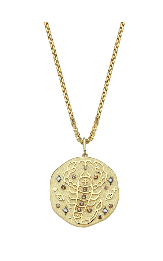 Scorpio Illustration Zodiac Necklace with Topaz Birthstone, Diamonds & Box Chain