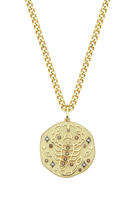 Scorpio Illustration Zodiac Necklace with Topaz Birthstone, Diamonds & Curb Chain