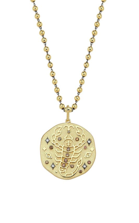 Scorpio Illustration Zodiac Necklace with Topaz Birthstone, Diamonds & Ball Chain