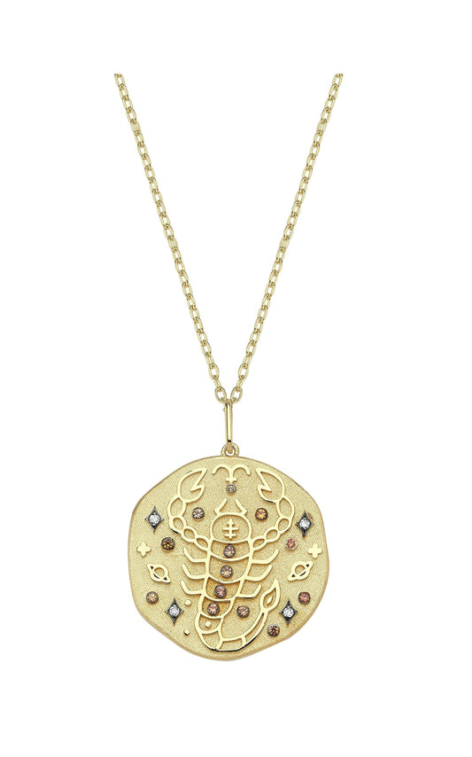 Scorpio Illustration Zodiac Necklace with Topaz Birthstone, Diamonds & Standart Chain
