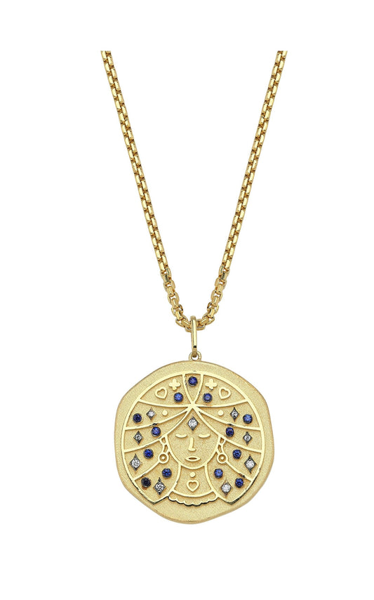 Virgo Illustration Zodiac Necklace with Sapphire Birthstone, Diamonds & Box Chain
