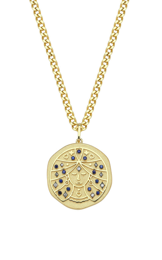Virgo Illustration Zodiac Necklace with Sapphire Birthstone, Diamonds & Curb Chain