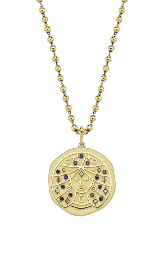 Virgo Illustration Zodiac Necklace with Sapphire Birthstone, Diamonds & Ball Chain