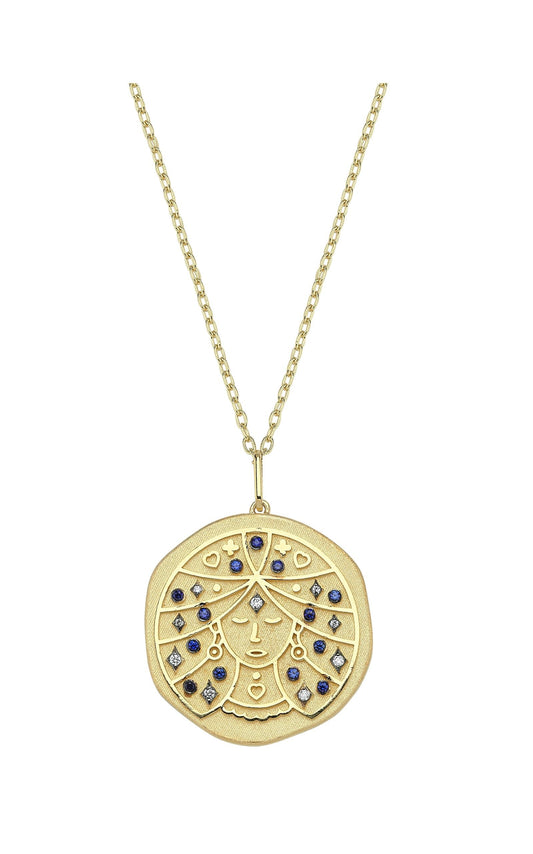 Virgo Illustration Zodiac Necklace with Sapphire Birthstone, Diamonds & Standart Chain