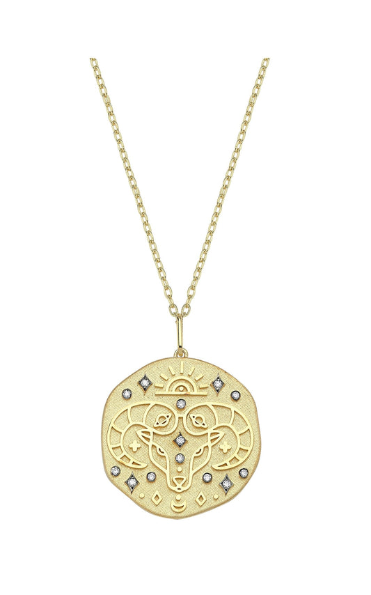 Aries Illustration Zodiac Necklace with Emerald Birthstone, Diamonds & Standart Chain